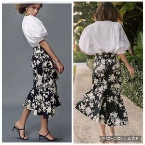 Johanna Ortiz x H&M NWT Black White Floral Ruffle Trim Skirt Asymmetric Size 10